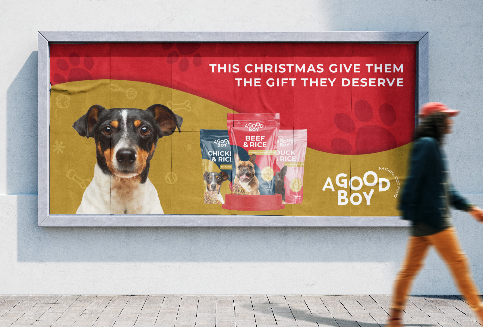 Image of a yellow and red horizontal street sign with a dog and packaging