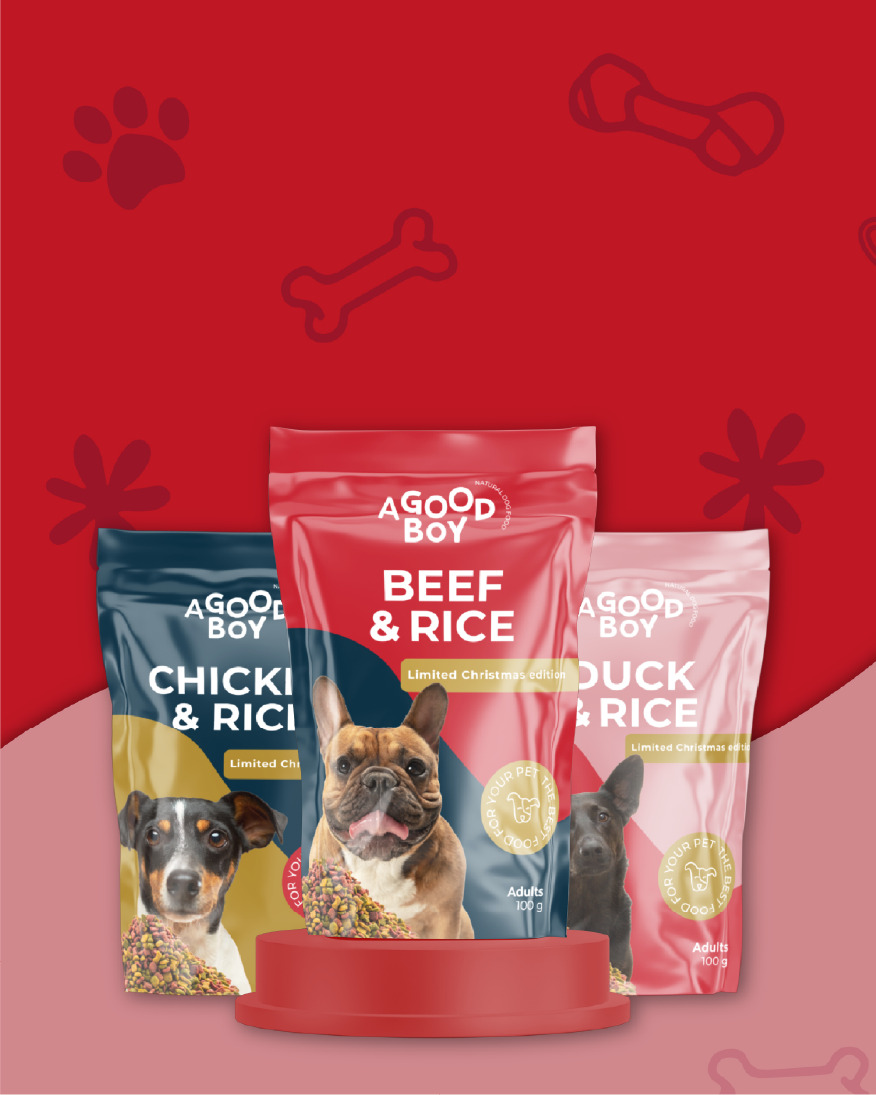 Packaging image of dog food sachets, blue, red and pink