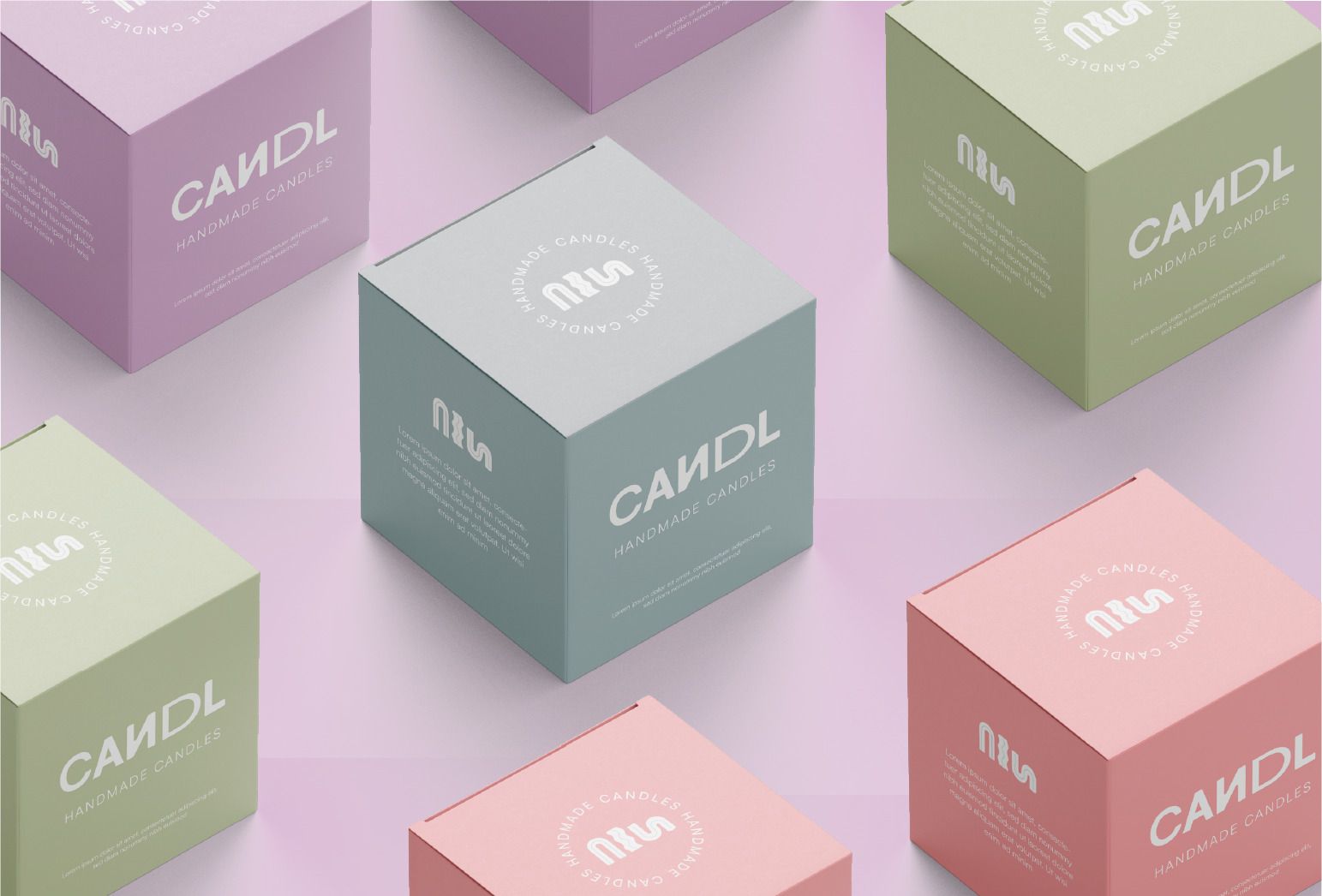 image of green, light blue, pink and purple packaging boxes