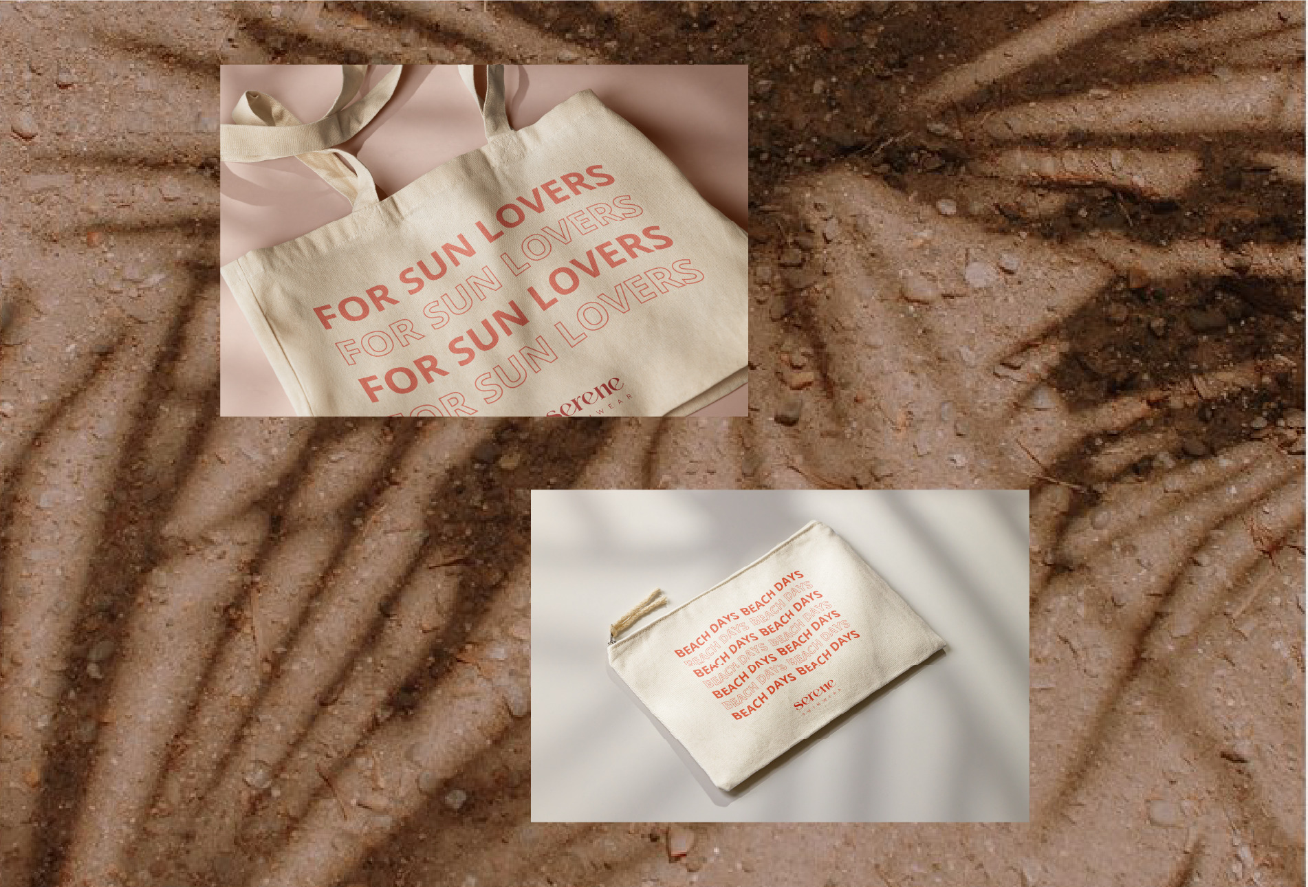 image of palm trees with two cutouts on top, one image with a tote bag and one with an envelope